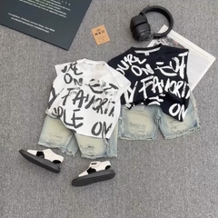 T160-Set sát nách in chữ loang quần jean rách (10-26kg)