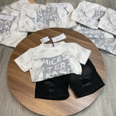 T401-Set áo trắng chữ quần jean xanh (10.28.270)