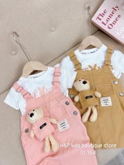 G081-Set áo cotton yếm gấu hồng đại