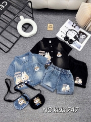 T309-Set sơ mi jean đùi Labubu kèm túi
