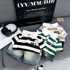 T221-Set áo cá sấu kẻ quần jean đùi bé trai