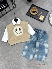 T276-Set sơ mi gile nâu mặt cười quần jean