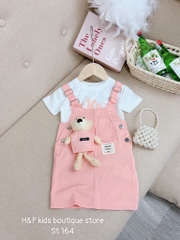 G081-Set áo cotton yếm gấu hồng đại