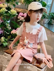 G081-Set áo cotton yếm gấu hồng đại