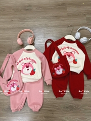 G075-Bộ nỉ gấu dâu hồng kèm túi