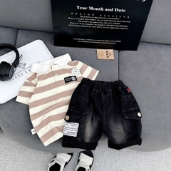 T221-Set áo cá sấu kẻ quần jean đùi bé trai
