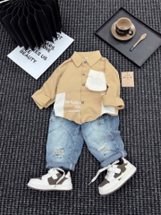 T247-Set sơ mi đũi túi hộp quần baggy jean