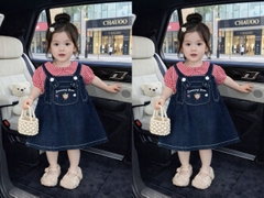 V379-Set áo caro đỏ váy yếm jean (10.20kg)