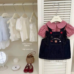 V379-Set áo caro đỏ váy yếm jean (10.20kg)