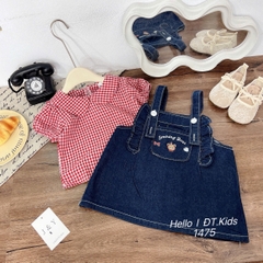 V379-Set áo caro đỏ váy yếm jean (10.20kg)