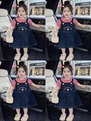 V379-Set áo caro đỏ váy yếm jean (10.20kg)