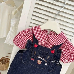 V379-Set áo caro đỏ váy yếm jean (10.20kg)