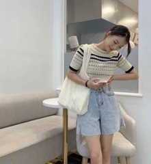 [A122] Áo len thun nữ Montoghi dệt kim họa tiết XƯƠNG CÁ tay ngắn độc đáo phong cách Hàn Quốc - L2M (Sale)