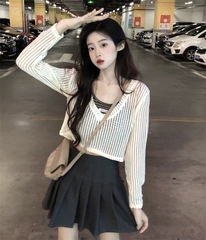 [A171] SET (2 MÓN) áo len LƯỚI kèm áo YẾM kẻ SỌC CỔ TIM Montoghi loại 1 thời trang xinh xắn - L2M  (Hot)