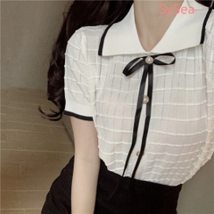 [A054] Áo len thun nữ Montoghi dệt kim Quảng Châu KÈM NƠ NHỎ gân ô polo phối viền cộc tay hot - L2M (Hot)
