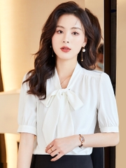 [A025] Áo sơ mi kiểu nữ kate lụa tay lửng CỘT NƠ CỔ siêu xinh và thanh lịch - L2M (Sale)