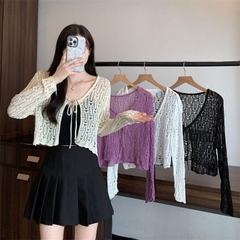 [A402] Áo khoác len lưới Montoghi KIỂU LƯỚI DỌC phối dây buộc dáng lửng tay dài dễ phối đồ - L2M