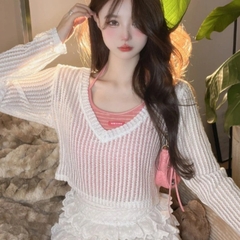 [A171] SET (2 MÓN) áo len LƯỚI kèm áo YẾM kẻ SỌC CỔ TIM Montoghi loại 1 thời trang xinh xắn - L2M  (Hot)