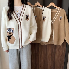 [A079] Áo khoác len nữ THU ĐÔNG Cardigan THÊU GẤU ĐEO KHĂN vải dày dặn Quảng Châu cực xịn xò - L2M