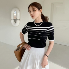 [A122] Áo len thun nữ Montoghi dệt kim họa tiết XƯƠNG CÁ tay ngắn độc đáo phong cách Hàn Quốc - L2M (Sale)