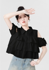 [A286] Áo sơ mi kiểu nữ 3 TẦNG HỞ VAI phối nơ tay ngắn cổ polo hàng Quảng Châu xinh xắn - L2M (Sale)