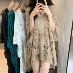 [A419] Áo LƯỚI len dệt kim CHOÀNG ĐUÔI CÁ TAY CÁNH DƠI phom rộng phối rút eo đi biển cá tính - L2M (New)