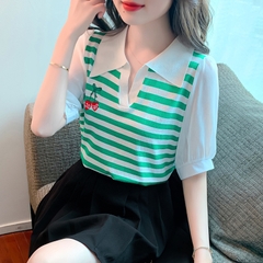 [A145] Áo len thun nữ Montoghi dệt kim LOGO CHERRY phối TAY PHỒNG họa tiết kẻ sọc xinh xắn - L2M (Sale)