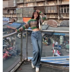 [A051] Áo len nữ Montoghi dệt kim TAY DÀI dáng CROPTOP kẻ sọc xanh HQ loại 1 chơi Đà Lạt  - L2M  (Hot)