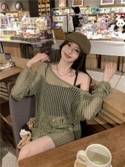 [A369] Áo len LƯỚI montoghi dệt kim LỖ TRÒN TAY DÀI form rộng mặc ngoài có thể mặc Bigsize - L2M  (Hot)