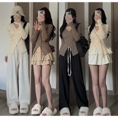 [A236] Áo len thun nữ Montoghi dệt kim VẠT ĐẮP CHÉO phối CHOKER tay dài Quảng Châu sang trọng - L2M