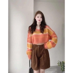 [A094] Áo len nữ Montoghi QC dệt kim THU ĐÔNG dáng CROPTOP SỌC MÀU PHỐI xinh xắn năng động - L2M