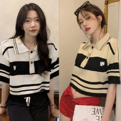 [A049] Áo len thun nữ Montoghi dệt kim polo cộc tay DÁNG RỘNG kẻ sọc RETRO có LOGO trẻ trung - L2M