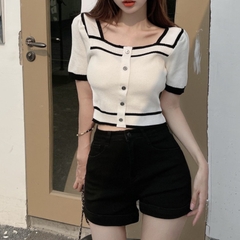 [A101] Áo len thun Montoghi dệt kim Quảng Châu CỔ VUÔNG kiểu Pháp PHỐI VIỀN tay ngắn - L2M