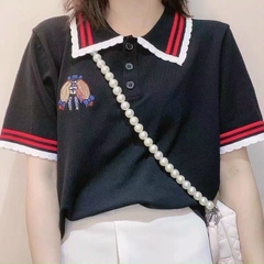 [A030] Áo len thun nữ Montoghi dệt kim Quảng Châu thêu LOGO cộc tay polo PHỐI VIỀN thanh lịch - L2M