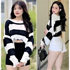 [A137] Áo len thun nữ Montoghi dệt kim mỏng KIỂU RÁCH CROPTOP kẻ sọc phong cách QC cá tính - L2M  (Hot)