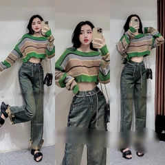 [A051] Áo len nữ Montoghi dệt kim TAY DÀI dáng CROPTOP kẻ sọc xanh HQ loại 1 chơi Đà Lạt  - L2M  (Hot)