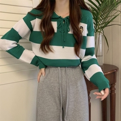[A096] Áo len thun nữ Montoghi dệt kim POLO kẻ sọc retro có DÂY RÚT CỔ và LOGO HOA năng động - L2M  (Hot)