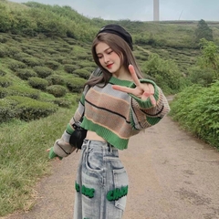 [A051] Áo len nữ Montoghi dệt kim TAY DÀI dáng CROPTOP kẻ sọc xanh HQ loại 1 chơi Đà Lạt  - L2M  (Hot)
