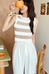 [A047] Áo len thun nữ Montoghi dệt kim Quảng Châu 3 LỖ kẻ sọc BẢN TO dáng lửng loại 1 mùa hè - L2M (Sale)