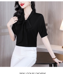 [A025] Áo sơ mi kiểu nữ kate lụa tay lửng CỘT NƠ CỔ siêu xinh và thanh lịch - L2M (Sale)