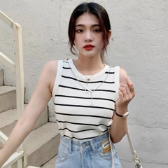[A008] Áo len thun dệt kim Montoghi Quảng Châu ba lỗ KẺ SỌC dáng vừa TẶNG KÈM VÒNG CỔ CHỮ B - L2M