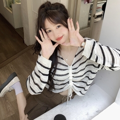[A213] Áo len LƯỚI phối KẺ SỌC NGANG Montoghi dệt kim DÂY RÚT tay dài Quảng Châu xinh xắn - L2M