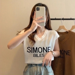 [A005] Áo len LƯỚI nữ Montoghi dệt kim in chữ SIMONE BILES tay hến cổ V Quảng Châu xinh xắn - L2M (Sale)