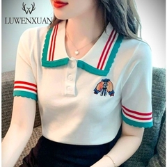 [A030] Áo len thun nữ Montoghi dệt kim Quảng Châu thêu LOGO cộc tay polo PHỐI VIỀN thanh lịch - L2M