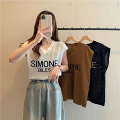 [A005] Áo len LƯỚI nữ Montoghi dệt kim in chữ SIMONE BILES tay hến cổ V Quảng Châu xinh xắn - L2M (Sale)