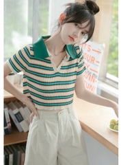 [A134] Áo len thun Montoghi dệt kim GÂN DỌC SỌC NGANG cổ đức phối màu Quảng Châu hài hòa - L2M (Sale)