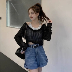 [A171] SET (2 MÓN) áo len LƯỚI kèm áo YẾM kẻ SỌC CỔ TIM Montoghi loại 1 thời trang xinh xắn - L2M  (Hot)