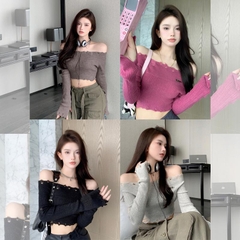 [A373] Áo len nữ Montoghi dệt kim logo LUCKY VIỀN RÁCH BẸT VAI dáng croptop tay dài cá tính - L2M