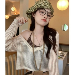 [A171] SET (2 MÓN) áo len LƯỚI kèm áo YẾM kẻ SỌC CỔ TIM Montoghi loại 1 thời trang xinh xắn - L2M  (Hot)