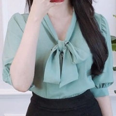 [A025] Áo sơ mi kiểu nữ kate lụa tay lửng CỘT NƠ CỔ siêu xinh và thanh lịch - L2M (Sale)